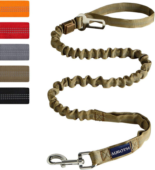 Heavy Duty Bungee Dog Leash for Large Breed Dogs, No Pull for Shock Absorption with Car Seat Belt, 2 Padded Handles 4.5Foot 6Foot Training Dog Leash Army Yellow