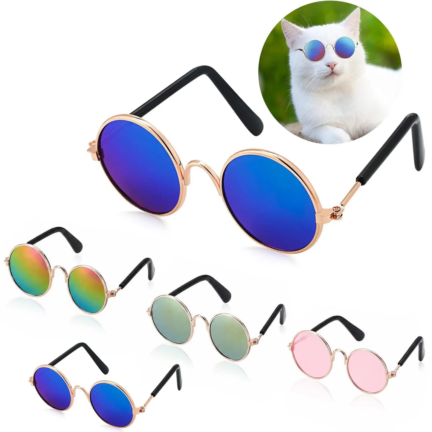 10-Pair Pet Metal Frame Glasses Set Pack for Small Dogs, Classic Retro round Lenses Sunglasses with Acrylic Resin Lenses, Comfortable Fit (1.18In Diameter, 2.95In Temples, 3.15In Width), Mixed Reflective-Black Colors, Cosplay Photo Props, Eyewear
