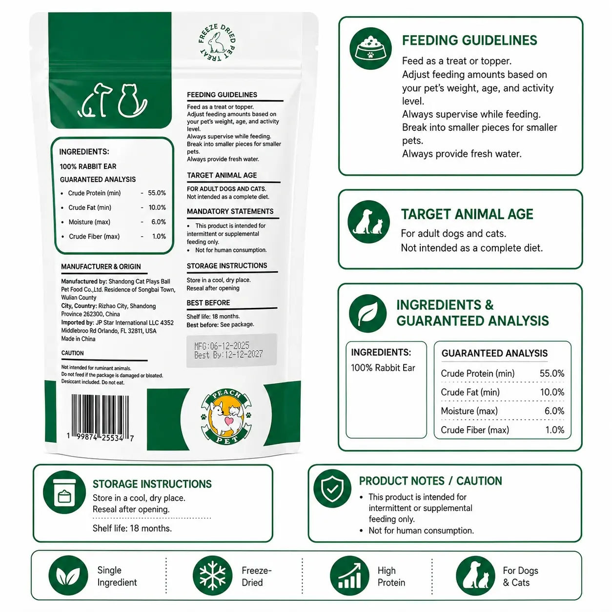Peach Pet Freeze-Dried Chews for Dogs & Cats | Rabbit Ear, Rabbit Leg, Pig Nose or 3-Treat Bundle | 3.5Oz Single Bag | All-Natural | High Protein