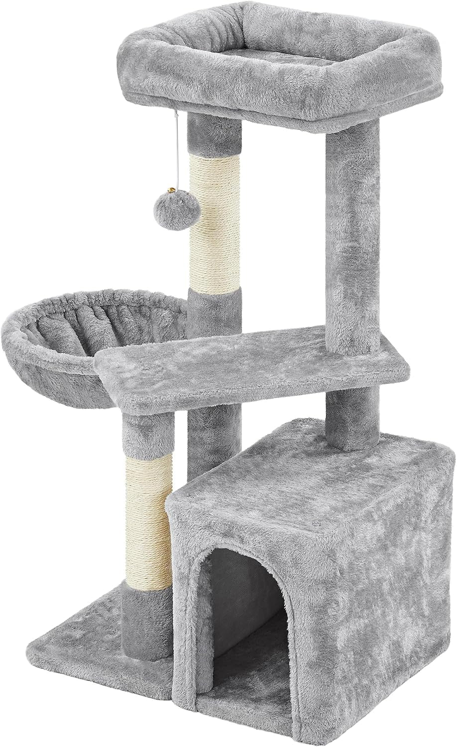 34In Small Cat Tree W/Condo & Basket for Indoor Cats, Light Gray | Scratching Posts, Soft Plush Platform & Window Perch, for Kittens & Small-Medium Cats up to 11 Lb, Easy to Assemble