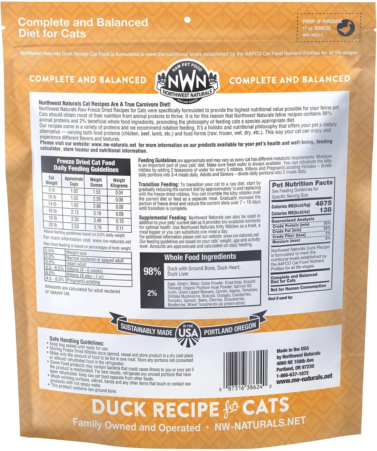 Freeze-Dried Duck Cat & Kitten Food – Bite-Sized Nibbles – Healthy, Limited, Human-Grade Ingredients, All-Natural, High-Protein – Complete & Balanced, Grain-Free – 11 Oz (Pack of 3)