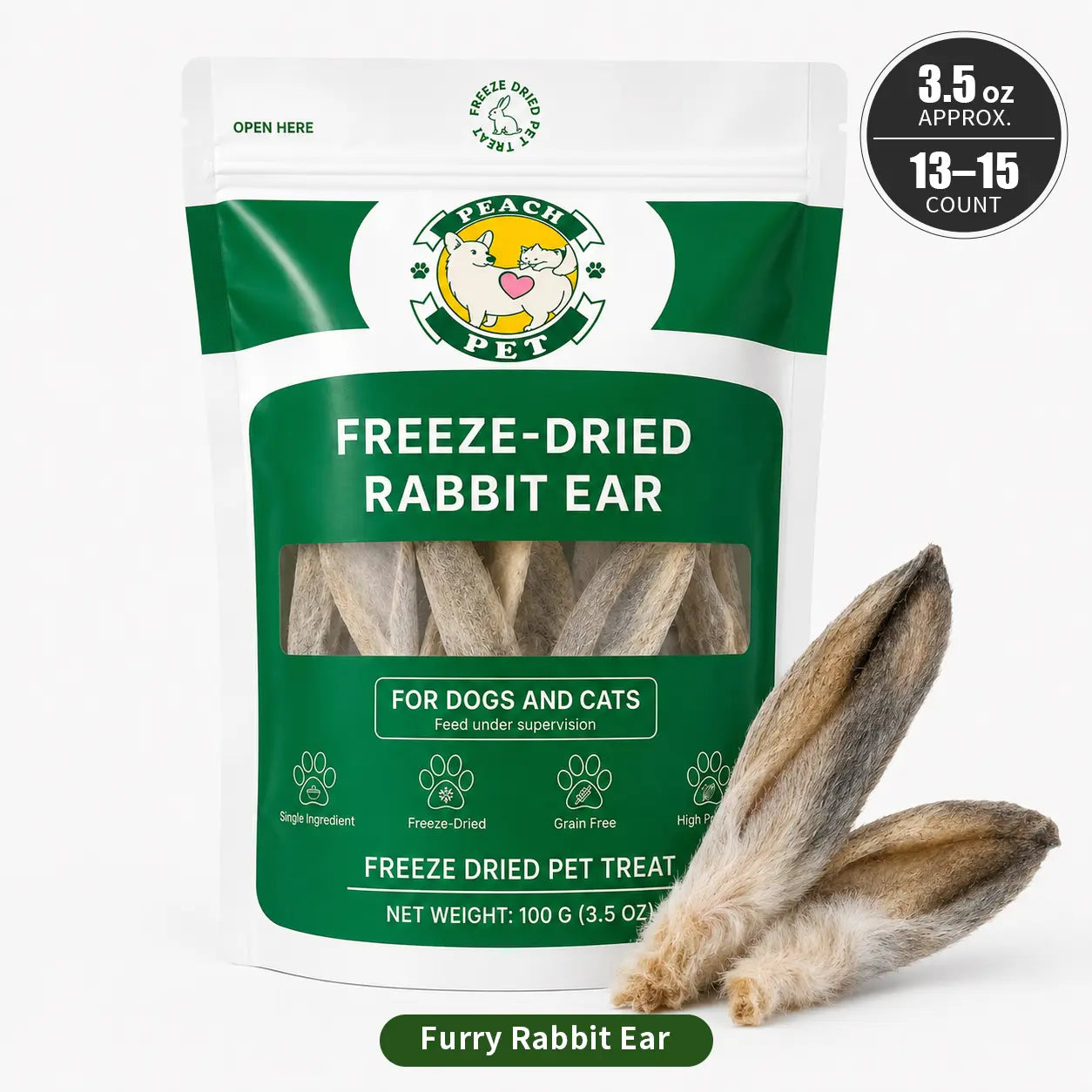 Peach Pet Freeze-Dried Chews for Dogs & Cats | Rabbit Ear, Rabbit Leg, Pig Nose or 3-Treat Bundle | 3.5Oz Single Bag | All-Natural | High Protein