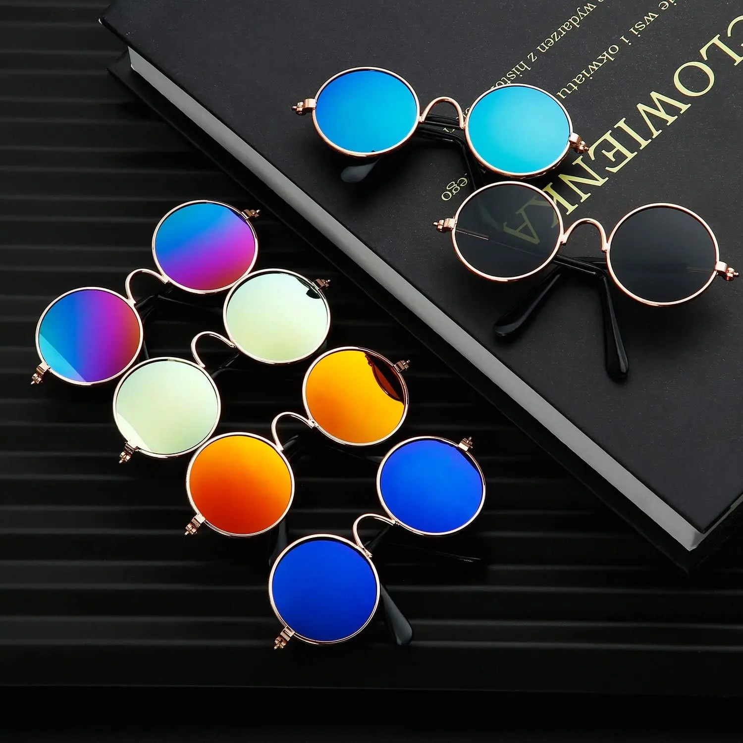 10-Pair Pet Metal Frame Glasses Set Pack for Small Dogs, Classic Retro round Lenses Sunglasses with Acrylic Resin Lenses, Comfortable Fit (1.18In Diameter, 2.95In Temples, 3.15In Width), Mixed Reflective-Black Colors, Cosplay Photo Props, Eyewear