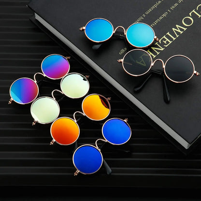 10-Pair Pet Metal Frame Glasses Set Pack for Small Dogs, Classic Retro round Lenses Sunglasses with Acrylic Resin Lenses, Comfortable Fit (1.18In Diameter, 2.95In Temples, 3.15In Width), Mixed Reflective-Black Colors, Cosplay Photo Props, Eyewear