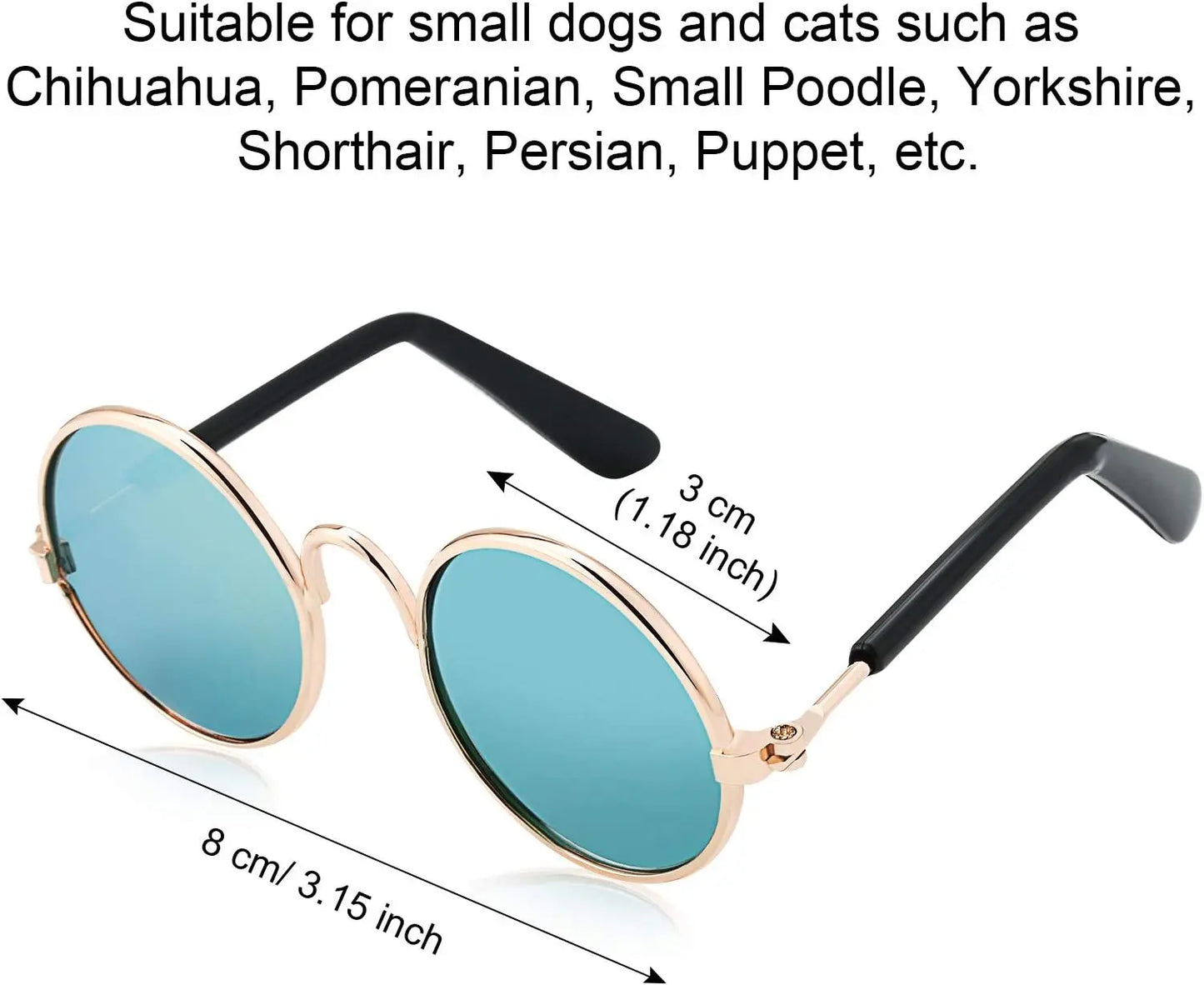 10-Pair Pet Metal Frame Glasses Set Pack for Small Dogs, Classic Retro round Lenses Sunglasses with Acrylic Resin Lenses, Comfortable Fit (1.18In Diameter, 2.95In Temples, 3.15In Width), Mixed Reflective-Black Colors, Cosplay Photo Props, Eyewear