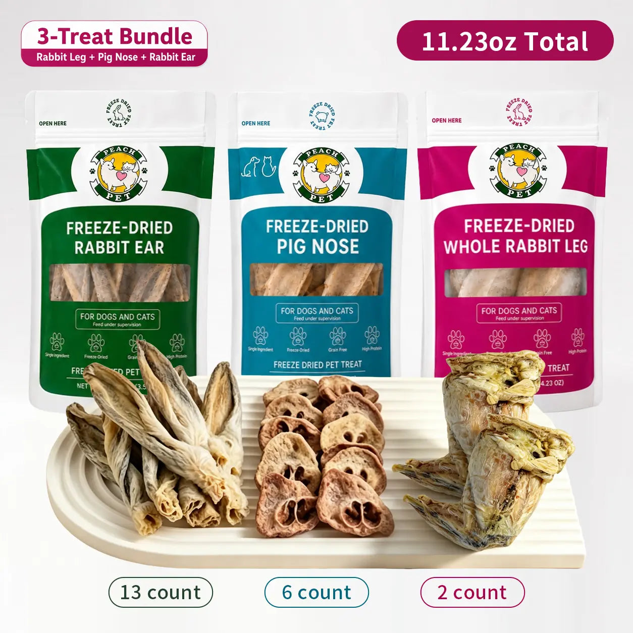 Peach Pet Freeze-Dried Chews for Dogs & Cats | Rabbit Ear, Rabbit Leg, Pig Nose or 3-Treat Bundle | 3.5Oz Single Bag | All-Natural | High Protein