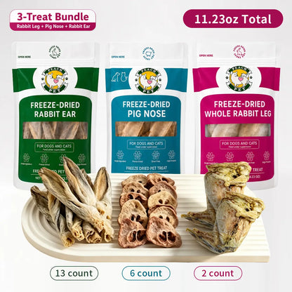 Peach Pet Freeze-Dried Chews for Dogs & Cats | Rabbit Ear, Rabbit Leg, Pig Nose or 3-Treat Bundle | 3.5Oz Single Bag | All-Natural | High Protein