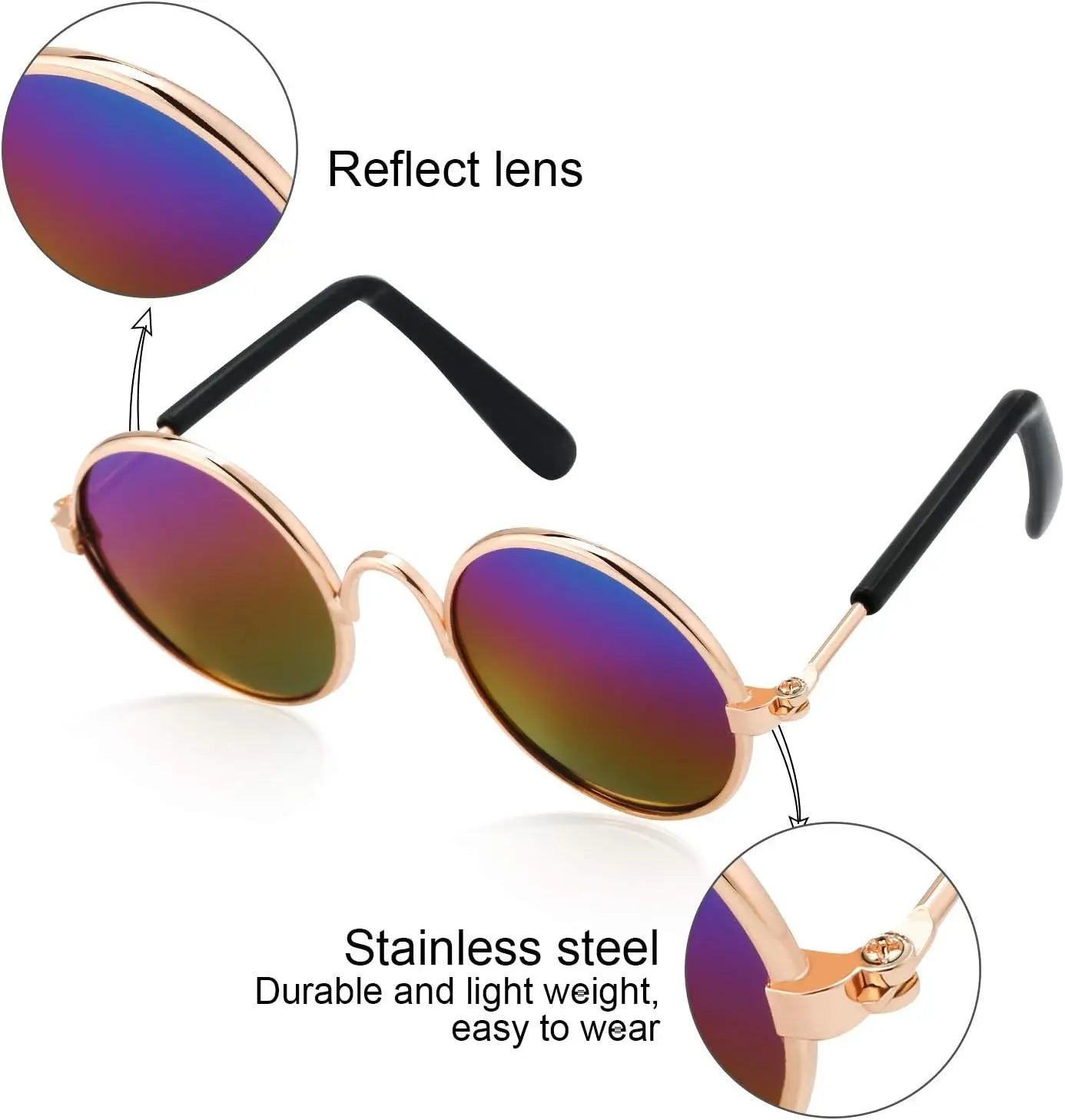 10-Pair Pet Metal Frame Glasses Set Pack for Small Dogs, Classic Retro round Lenses Sunglasses with Acrylic Resin Lenses, Comfortable Fit (1.18In Diameter, 2.95In Temples, 3.15In Width), Mixed Reflective-Black Colors, Cosplay Photo Props, Eyewear