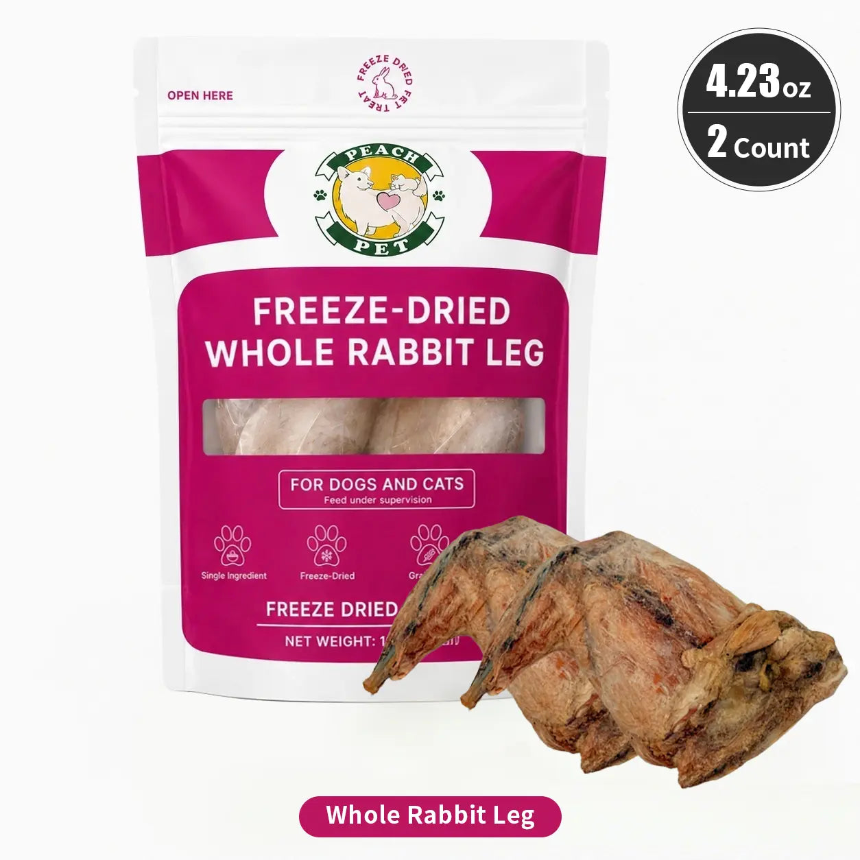 Peach Pet Freeze-Dried Chews for Dogs & Cats | Rabbit Ear, Rabbit Leg, Pig Nose or 3-Treat Bundle | 3.5Oz Single Bag | All-Natural | High Protein