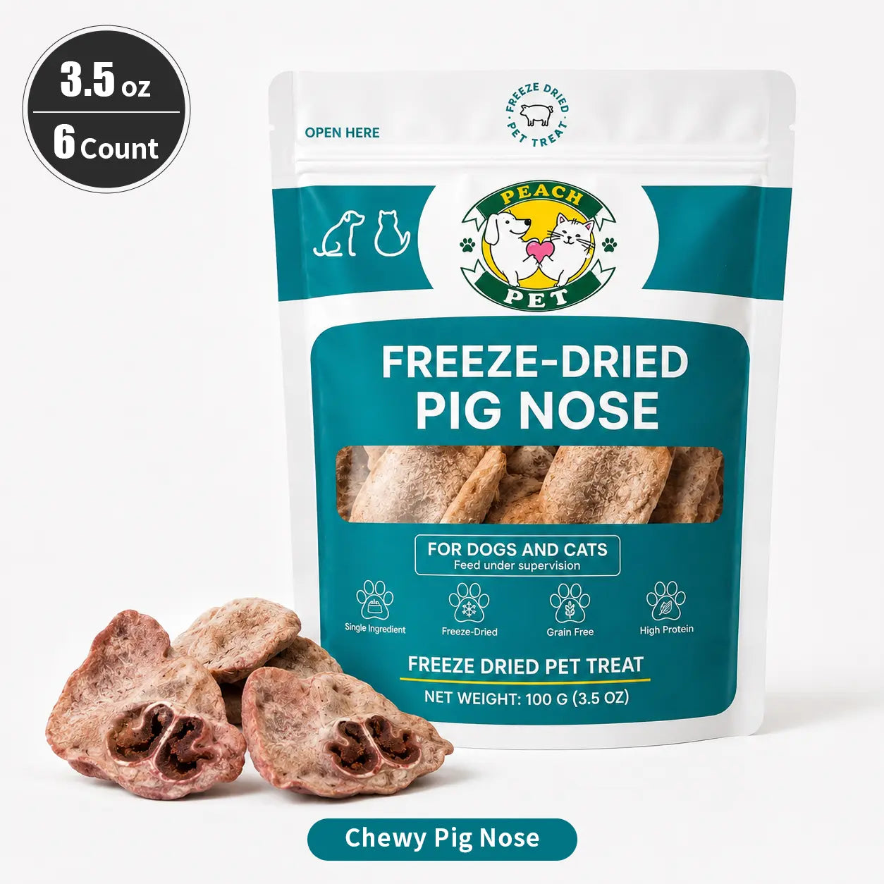 Peach Pet Freeze-Dried Chews for Dogs & Cats | Rabbit Ear, Rabbit Leg, Pig Nose or 3-Treat Bundle | 3.5Oz Single Bag | All-Natural | High Protein