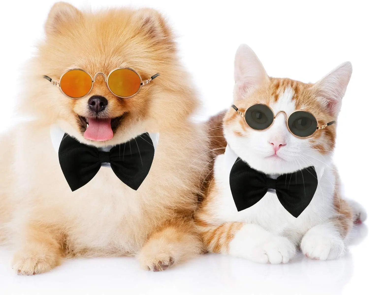 10-Pair Pet Metal Frame Glasses Set Pack for Small Dogs, Classic Retro round Lenses Sunglasses with Acrylic Resin Lenses, Comfortable Fit (1.18In Diameter, 2.95In Temples, 3.15In Width), Mixed Reflective-Black Colors, Cosplay Photo Props, Eyewear