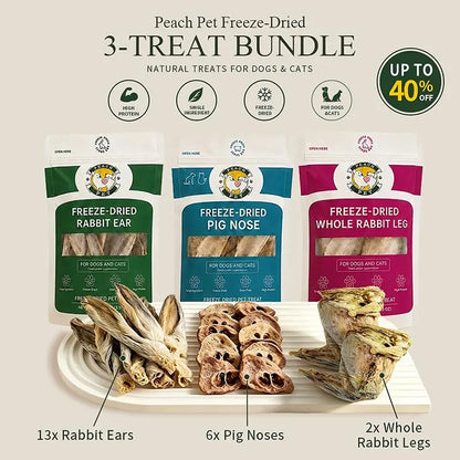 Peach Pet Freeze-Dried Chews for Dogs & Cats | Rabbit Ear, Rabbit Leg, Pig Nose or 3-Treat Bundle | 3.5Oz Single Bag | All-Natural | High Protein